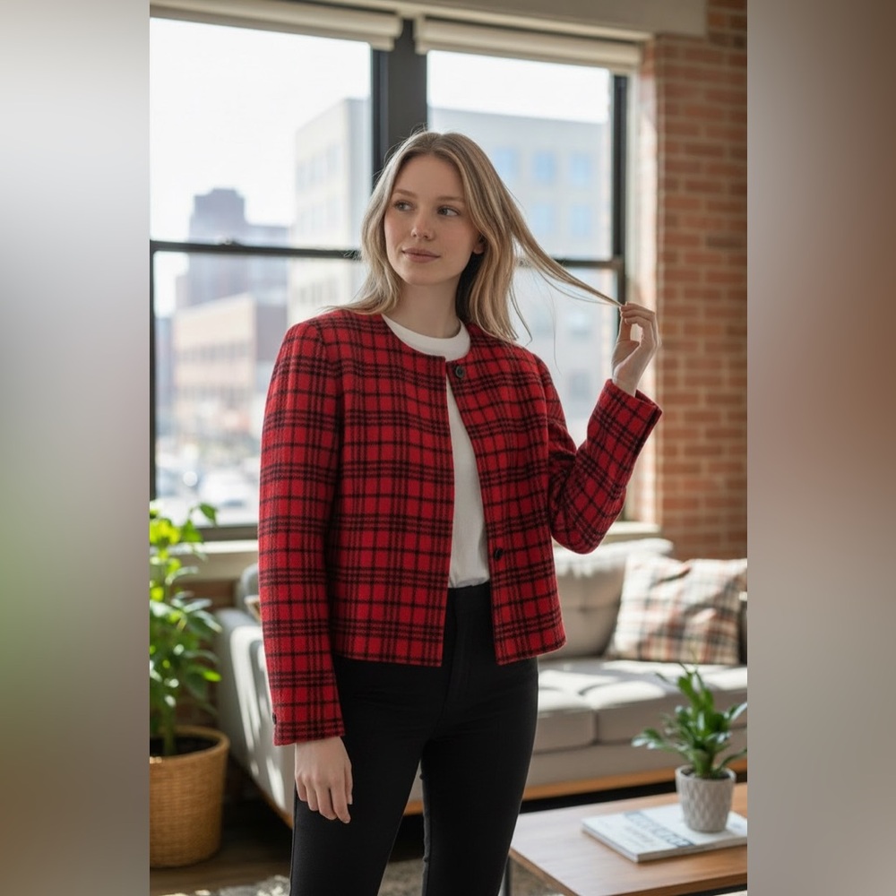 Anne Klein Classic Jacket Red and Black plaid Lined Women’s Size 12